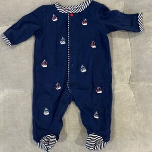 Little Me Navy Sailboat Footed One-Piece with Striped Trim
